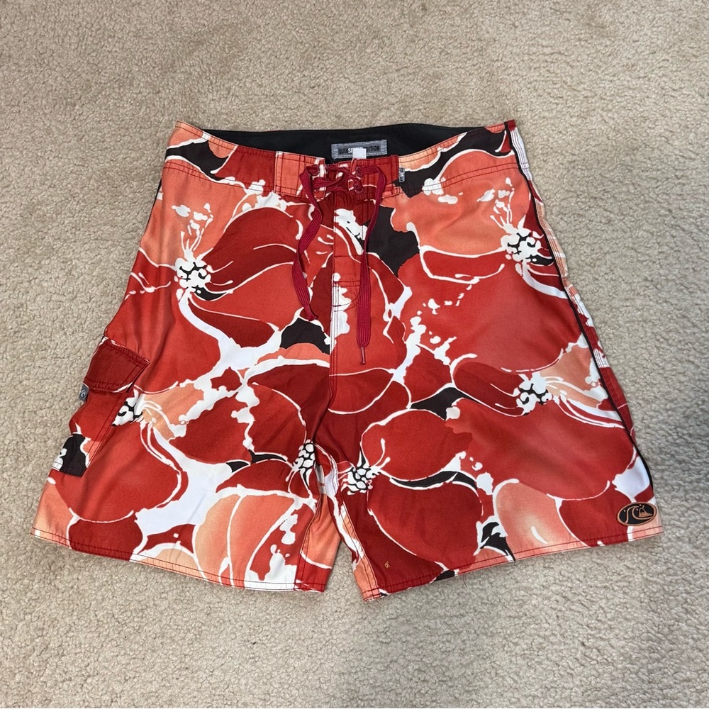 Quiksilver Red, White and Black Floral Swim Shorts